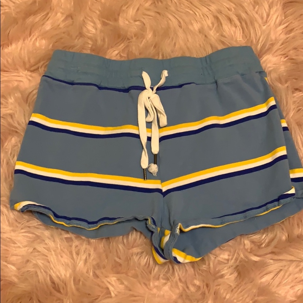 Blue, Yellow, and White Striped Drawstring Shorts